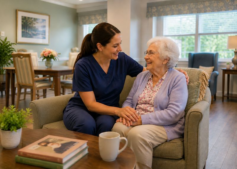 Caring staff with resident at Alpha Home a Waters Community
